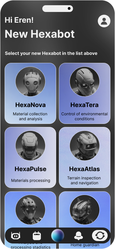 Hexacore Add Hexabots to Collection screen showing available Hexabot types for selection