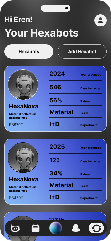 Hexacore Hexabots collection screen listing Hexabot profiles, usage data, battery and department information