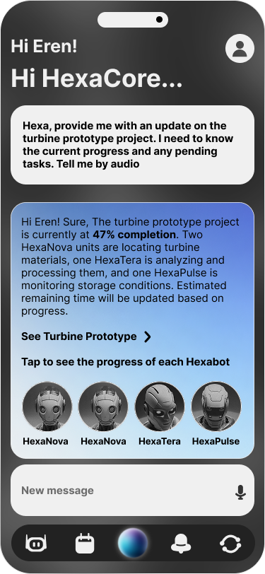 Hexacore assistant conversation screen with voice-first turbine prototype update and Hexabot progress