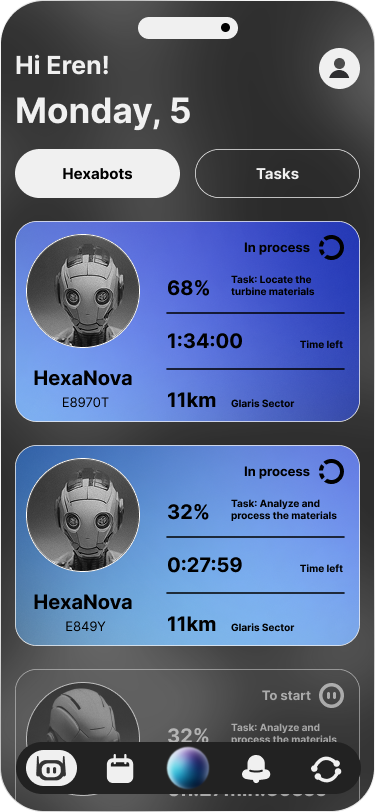 Hexacore Home Expert Hexabots screen showing active Hexabots, progress, task status and location data