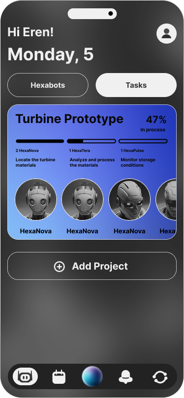 Hexacore Home Expert Tasks screen showing task progress and project actions