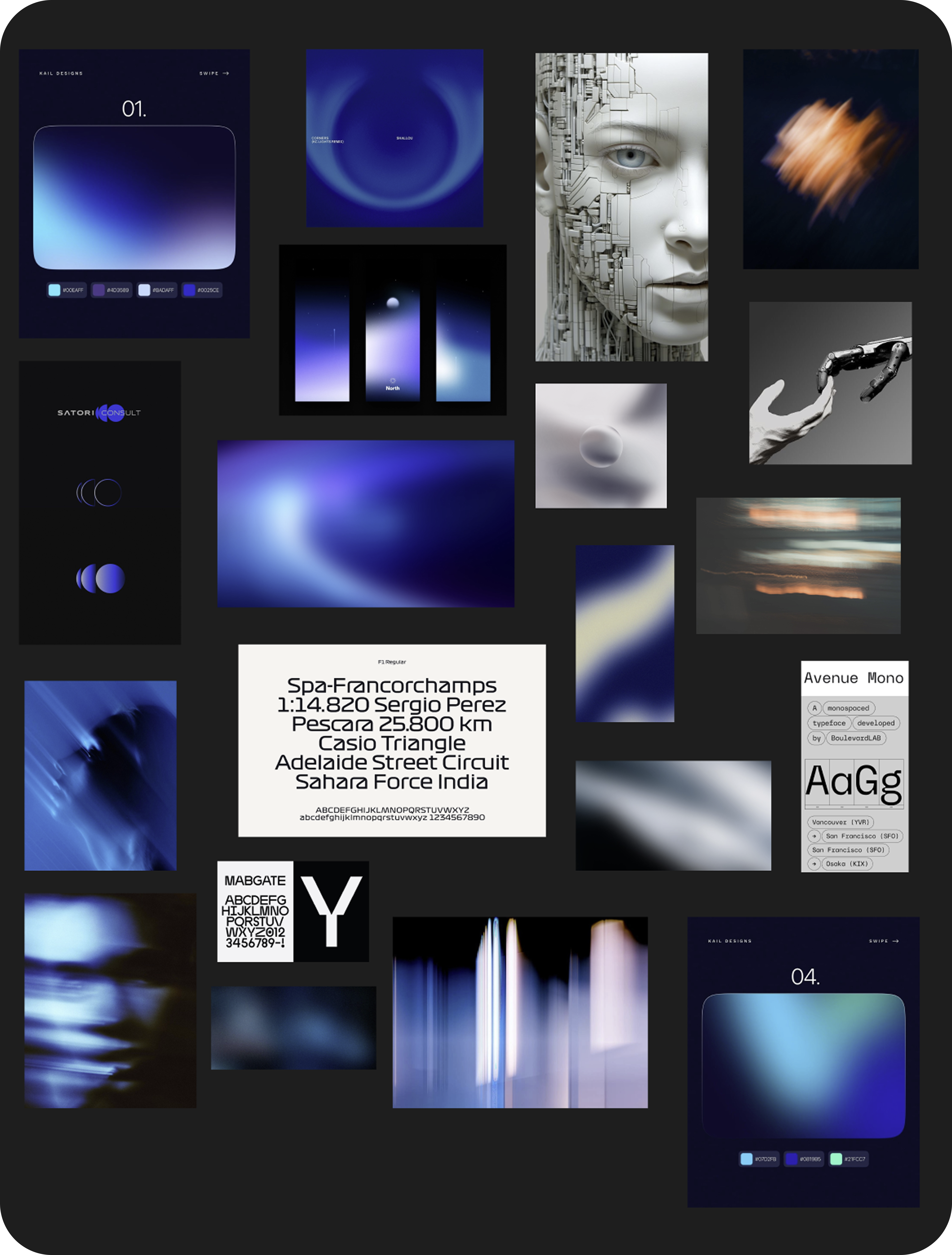Hexacore moodboard with lunar surfaces, technical equipment, dark interface references and operational sci-fi atmosphere