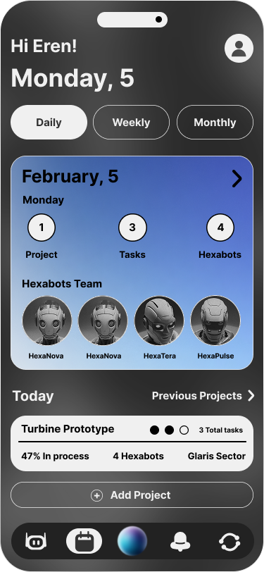 Hexacore Planner Tasks Daily screen showing the daily planner, project counts and assigned Hexabot team