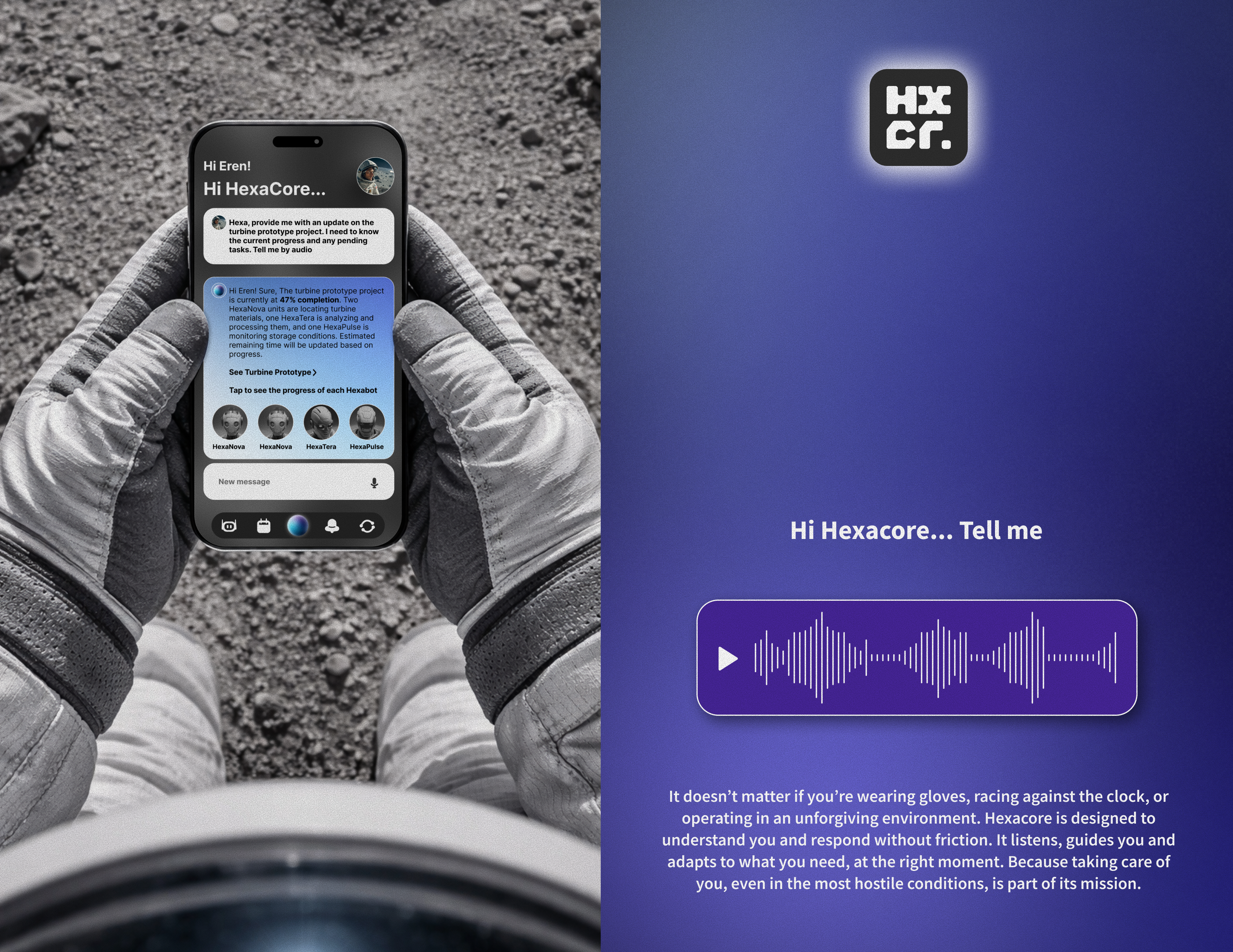Hexacore voice assistant screens with spoken requests, contextual Hexabot suggestions and hands-free confirmation