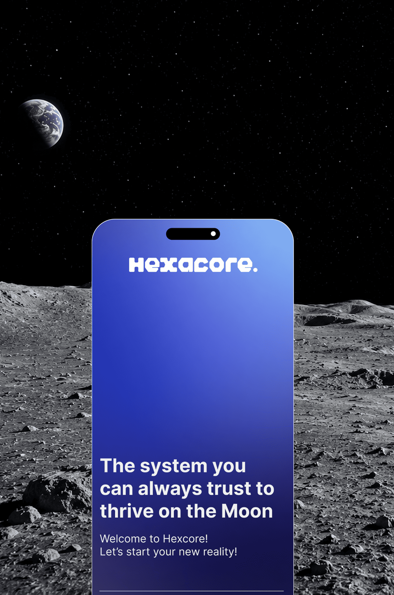 Hexacore product design case study cover with lunar interface screens for voice-first Hexabot support