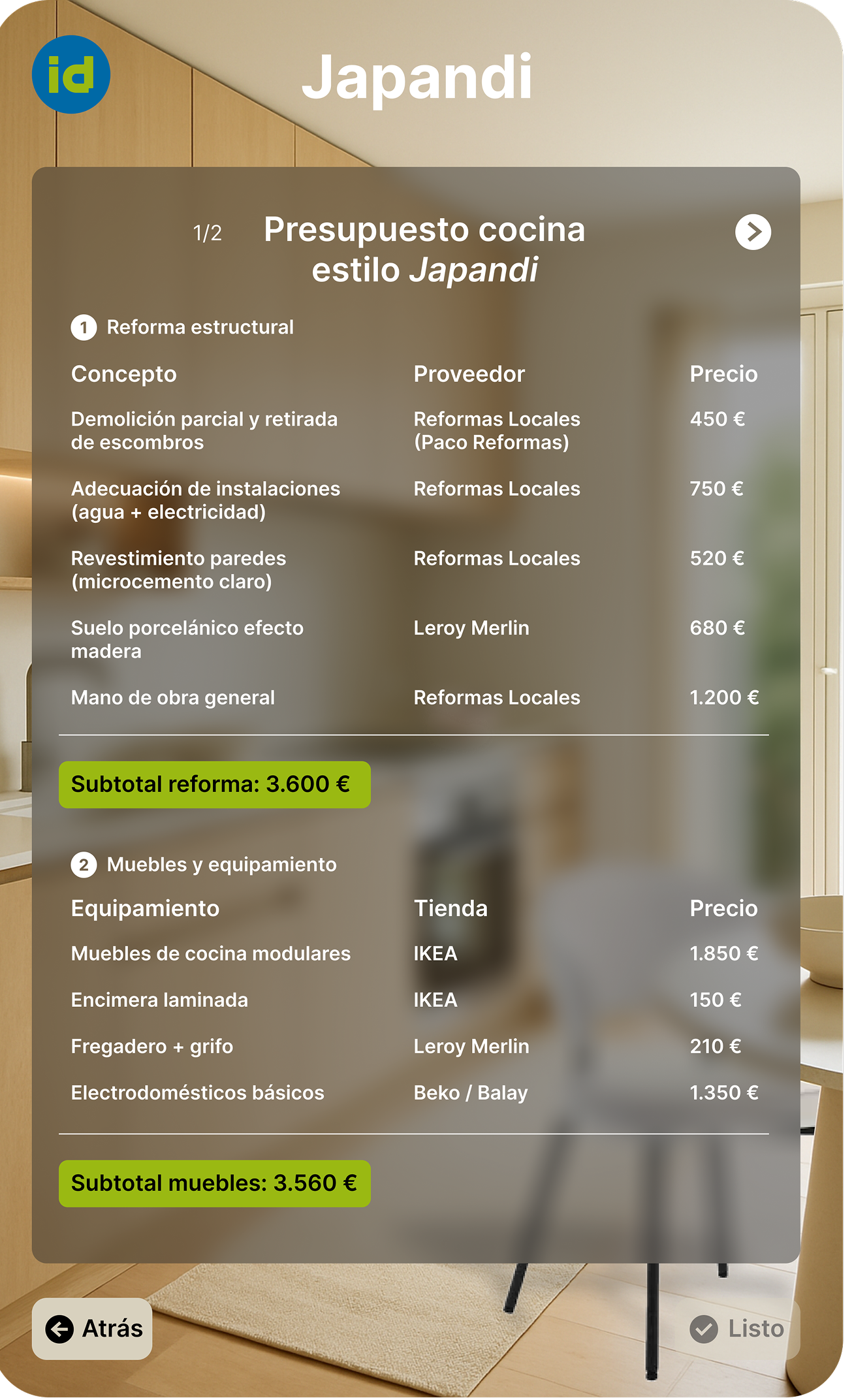 Idealista Remake budget planning screen with cost-aware decision support for home improvements
