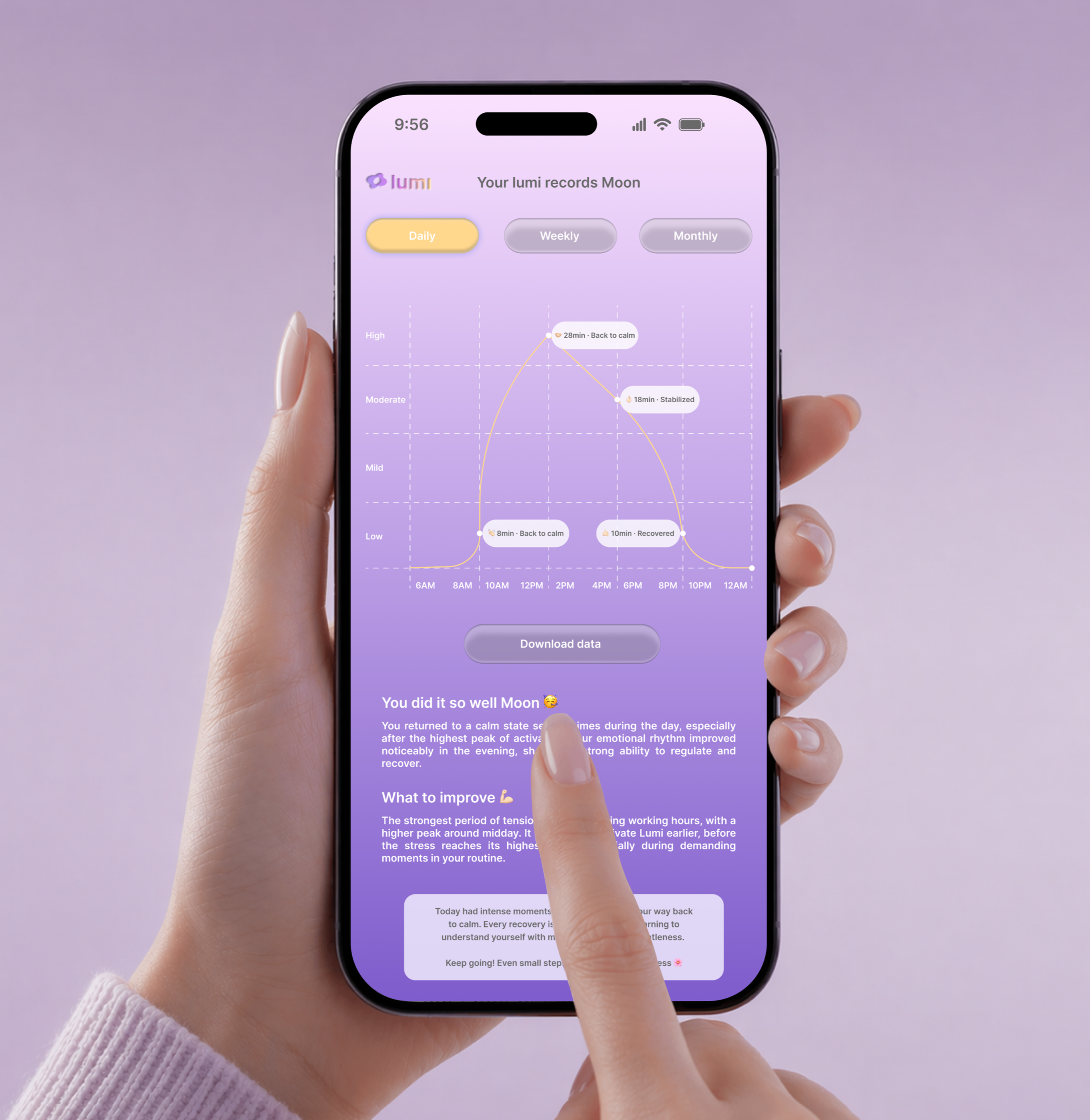 Lumi app records screen with daily emotional pattern summaries and regulation insights