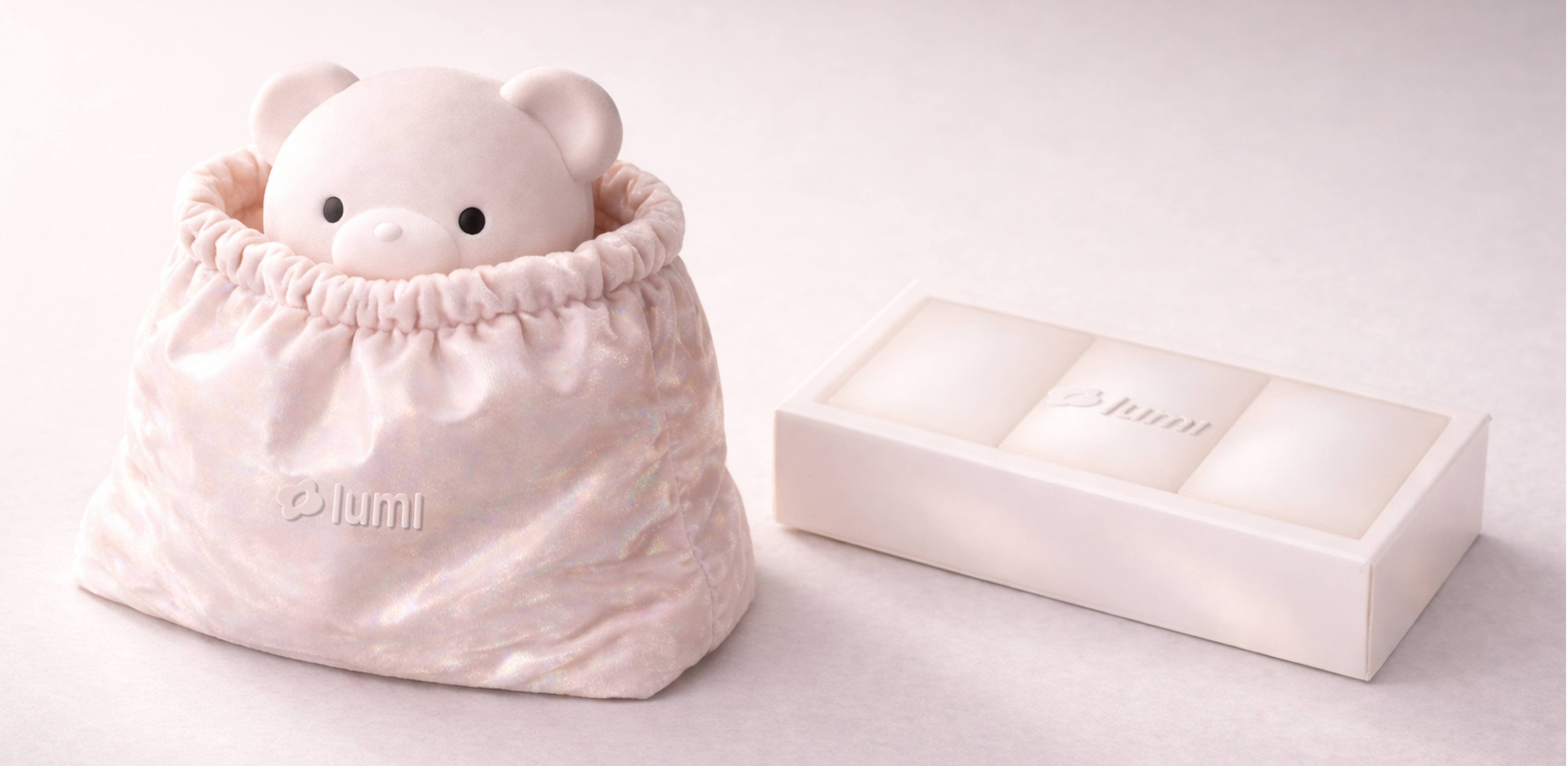 Lumi Bear packaging render with the kids companion box and soft product presentation