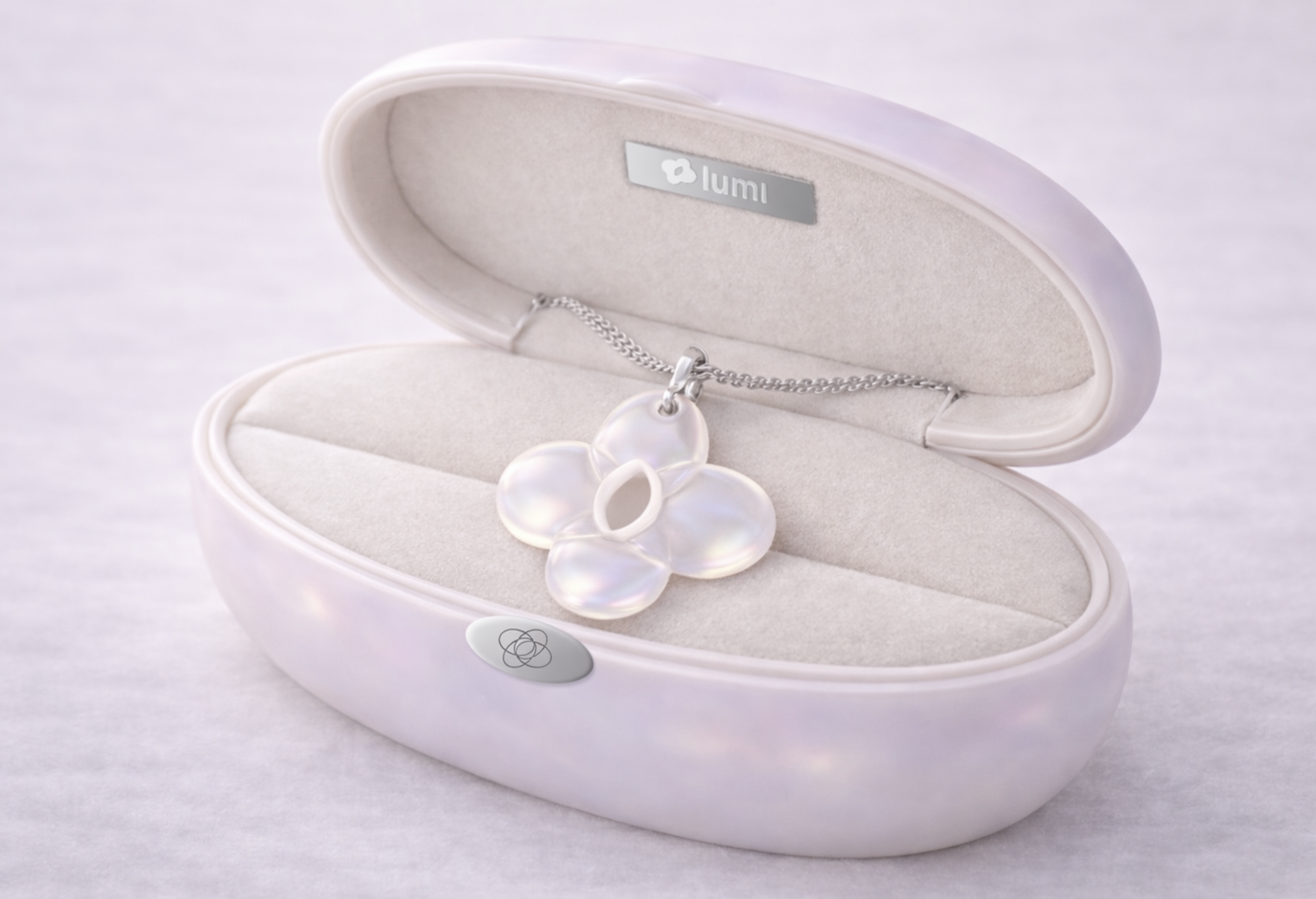 Lumi necklace case render with protective packaging for the wearable pendant format