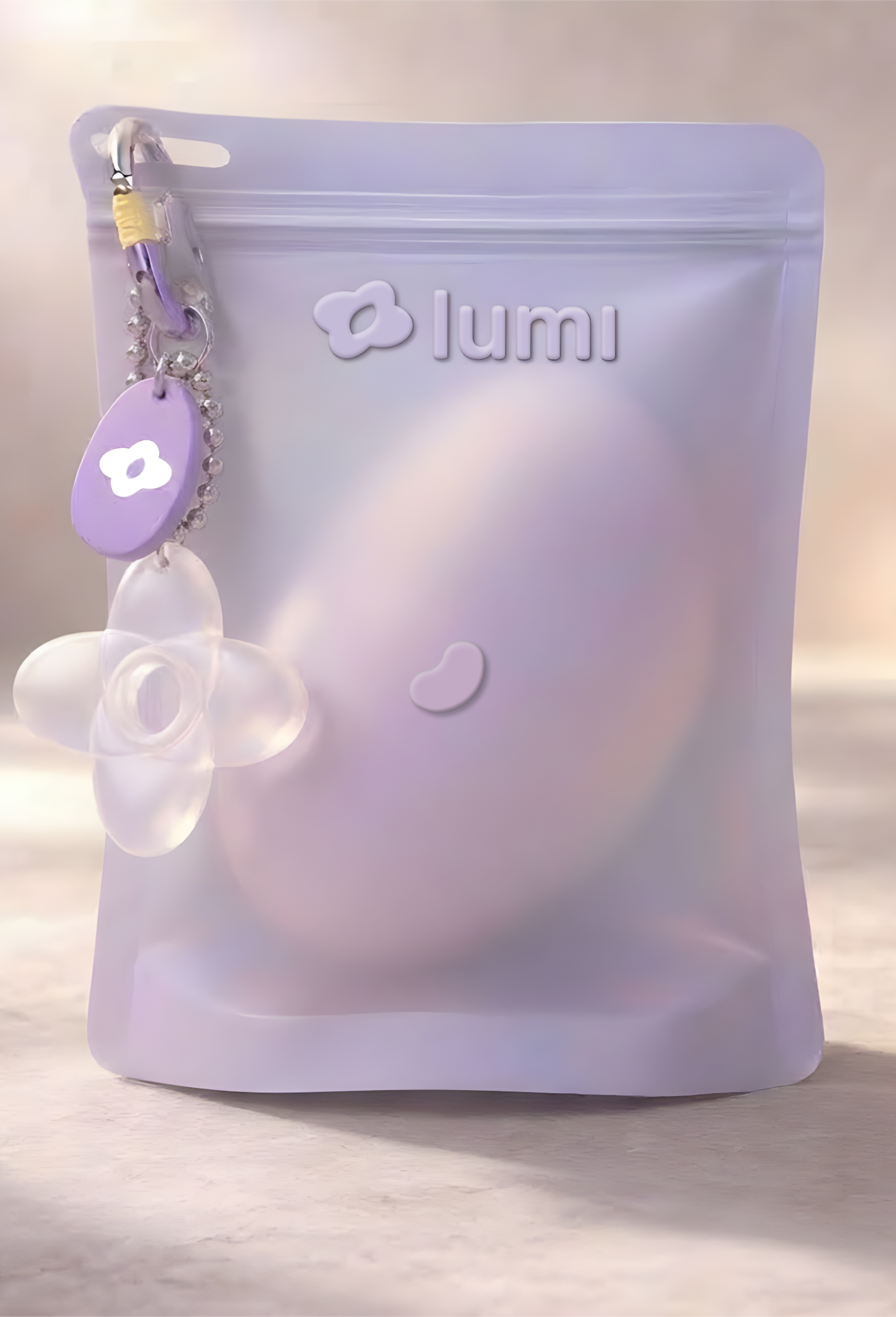 Lumi Hold packaging render with a vertical protective case for presenting and storing the device