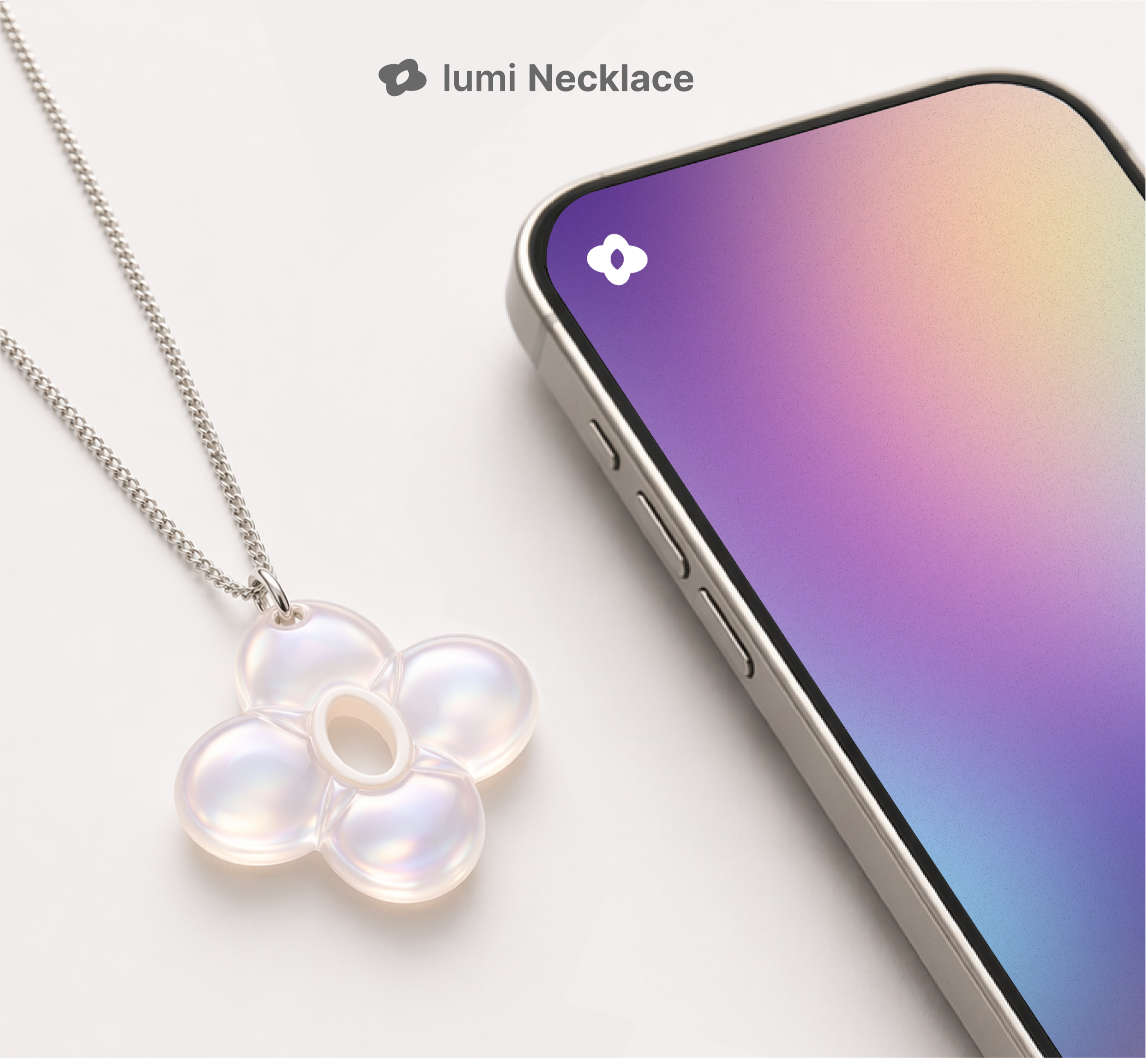 Lumi necklace and app mockup showing the wearable connected to emotional support settings