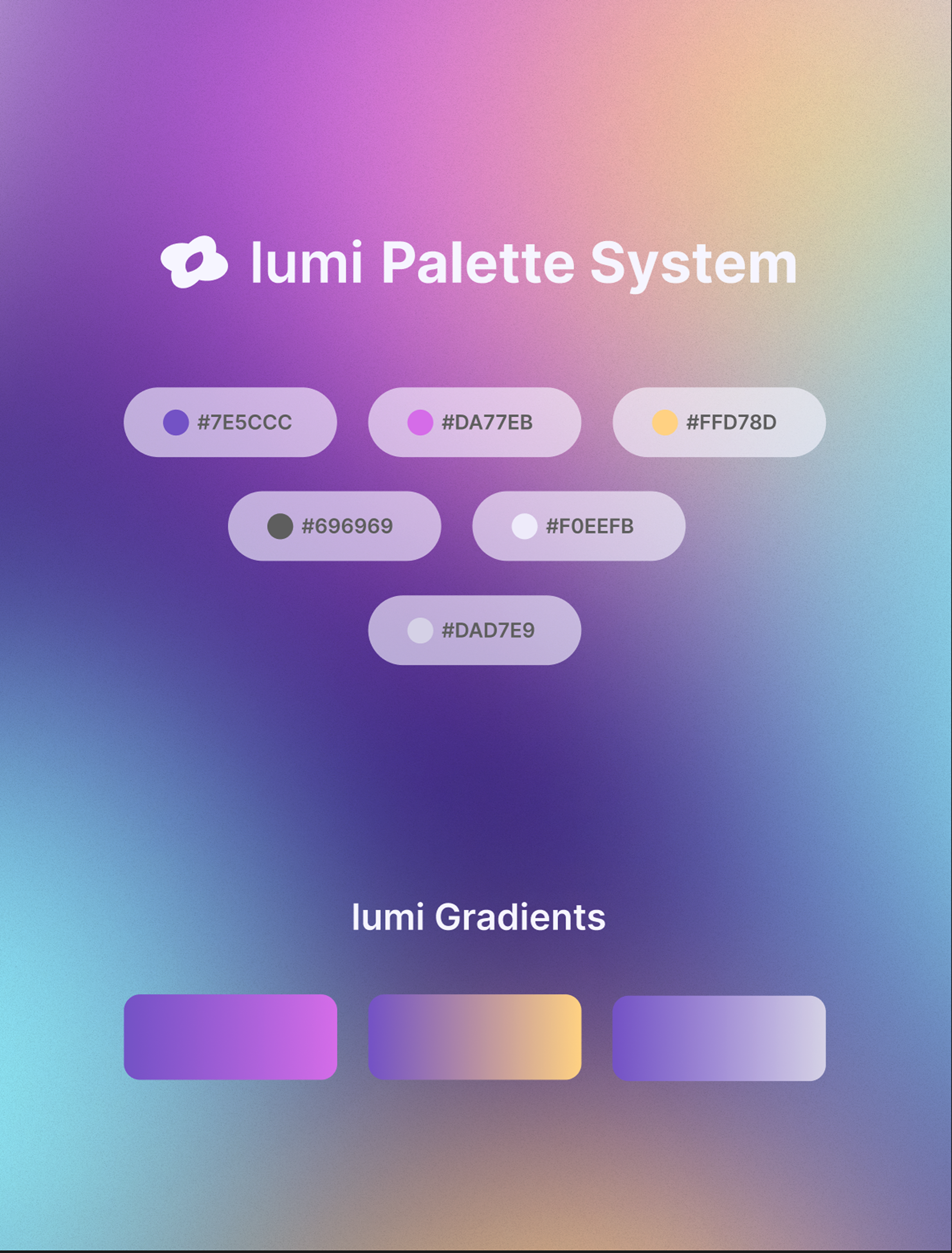 Lumi colour palette board with soft purple, pink, yellow and neutral tones for the brand system
