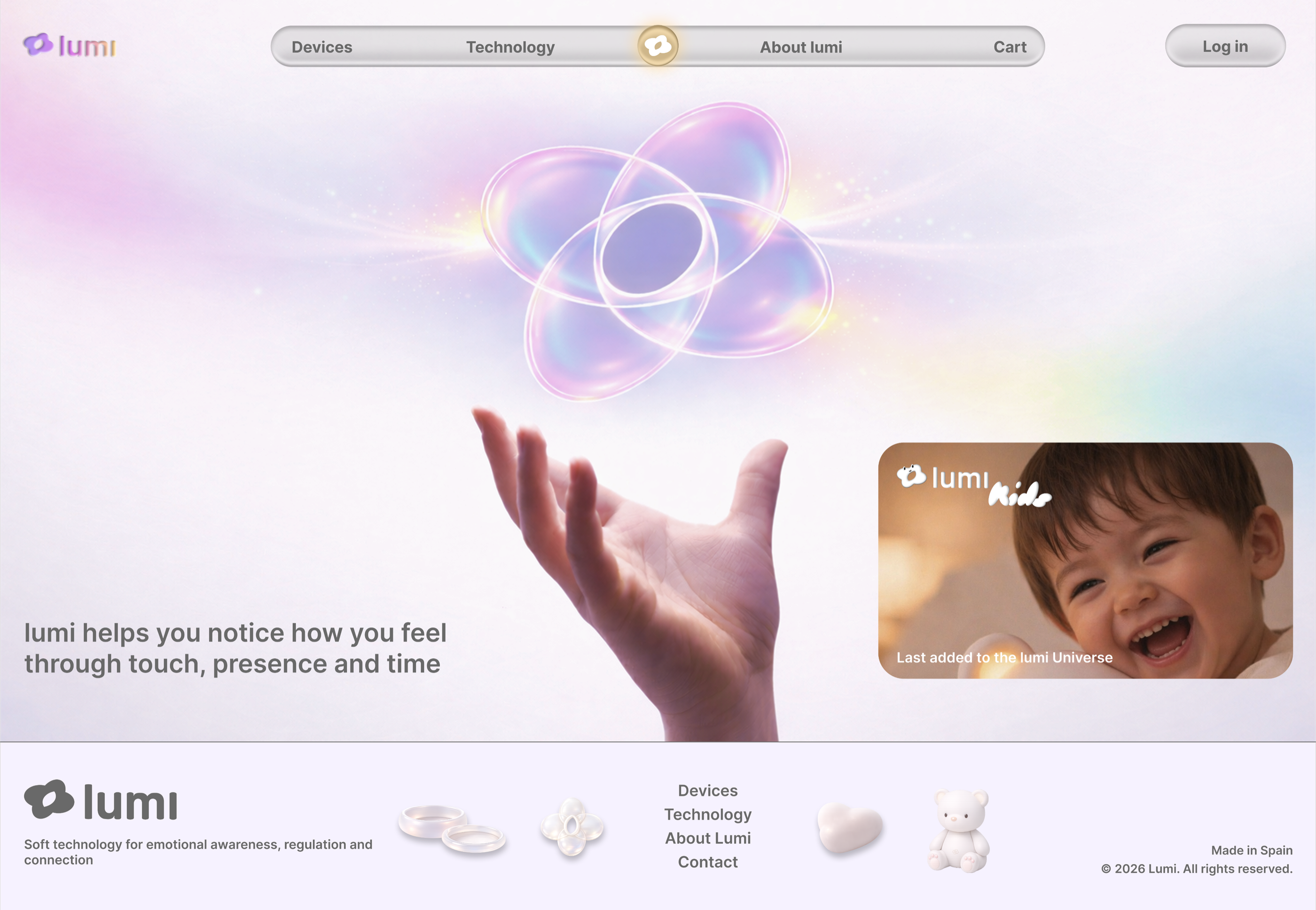 Lumi web page mockup presenting the soft digital identity, product promise and emotional wellbeing story