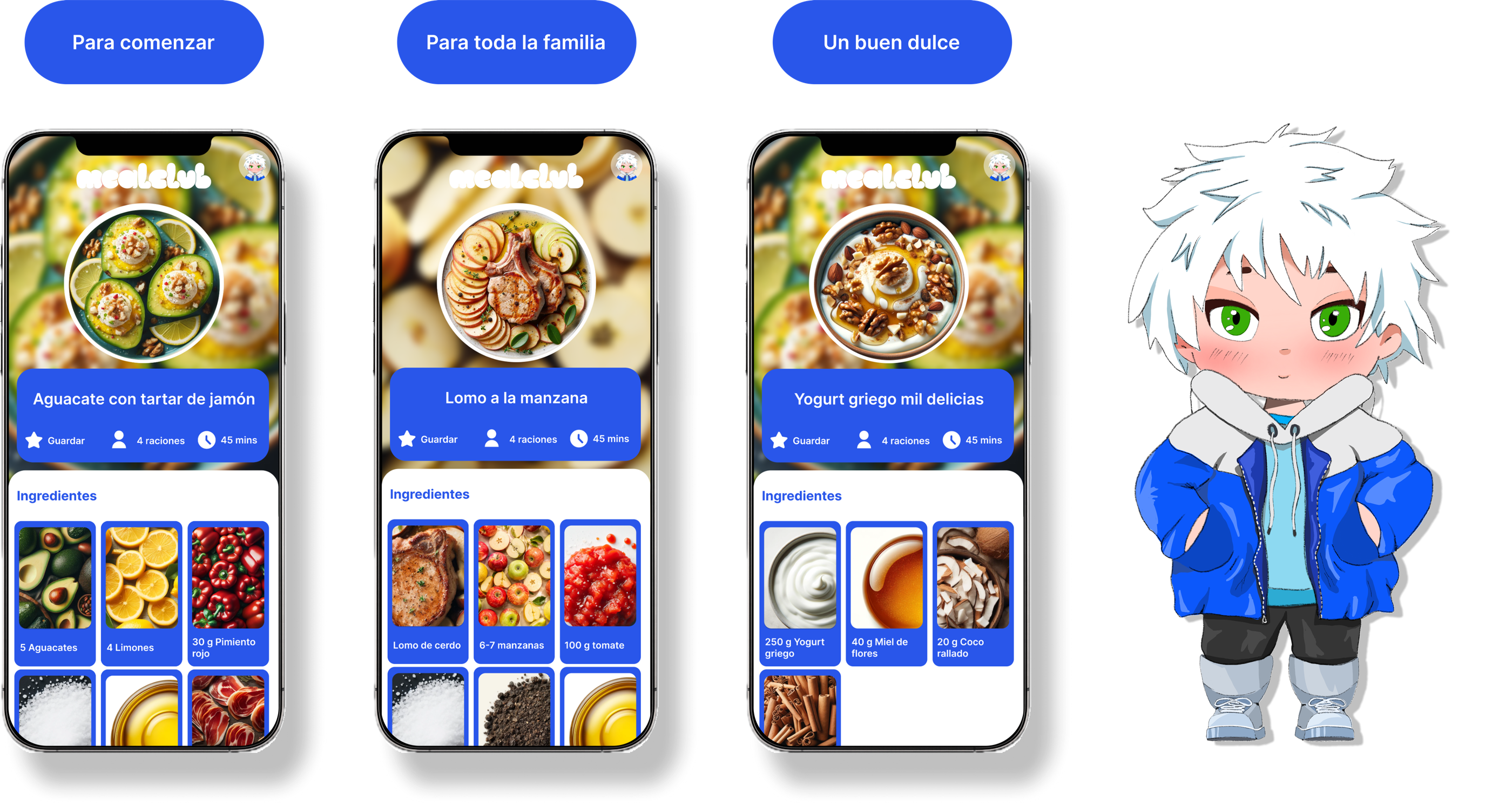 MealClub preparation board with three recipe screens and the MC character guiding cooking steps
