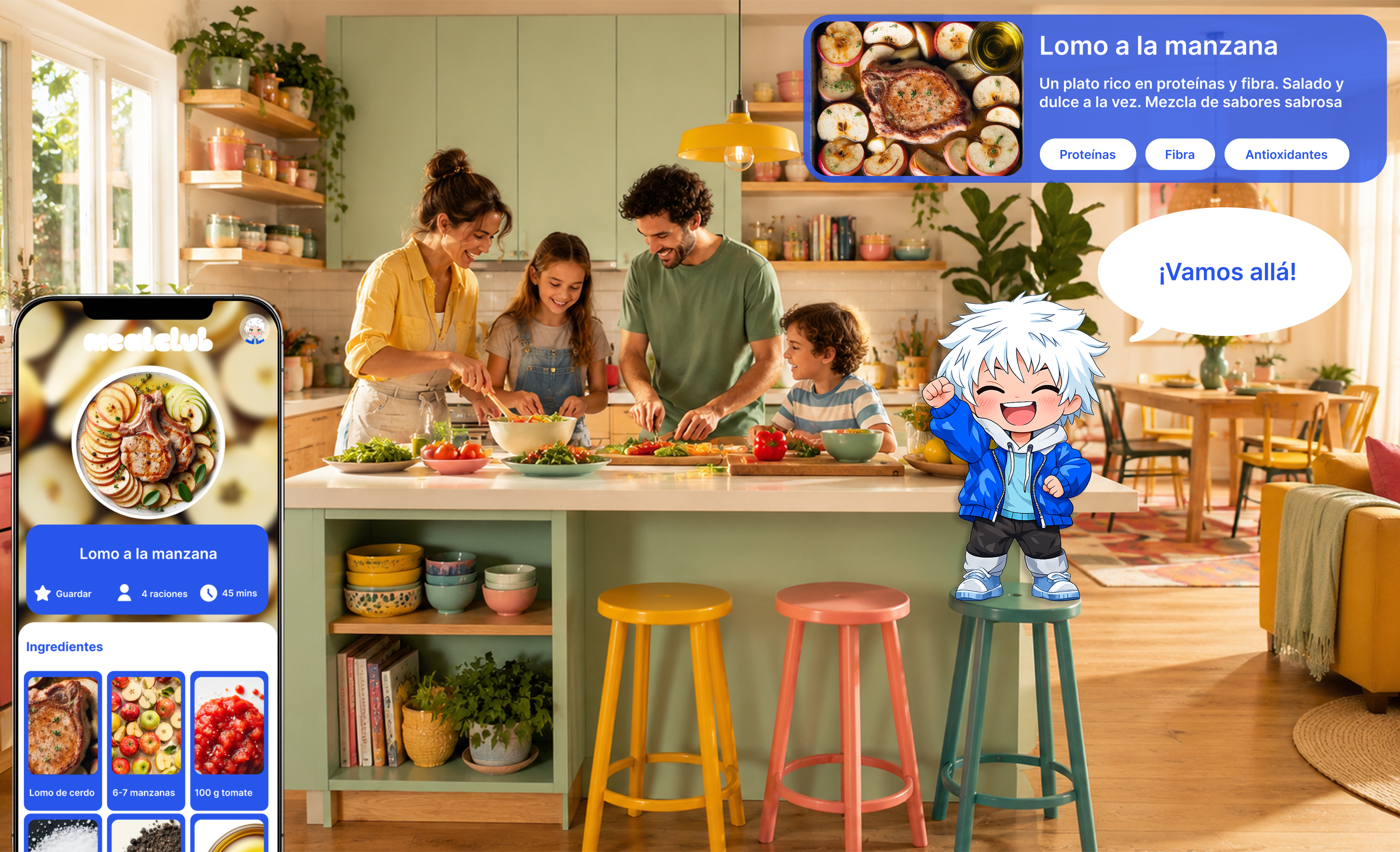 MealClub family cooking scene showing the MC mascot inside the playful food learning universe