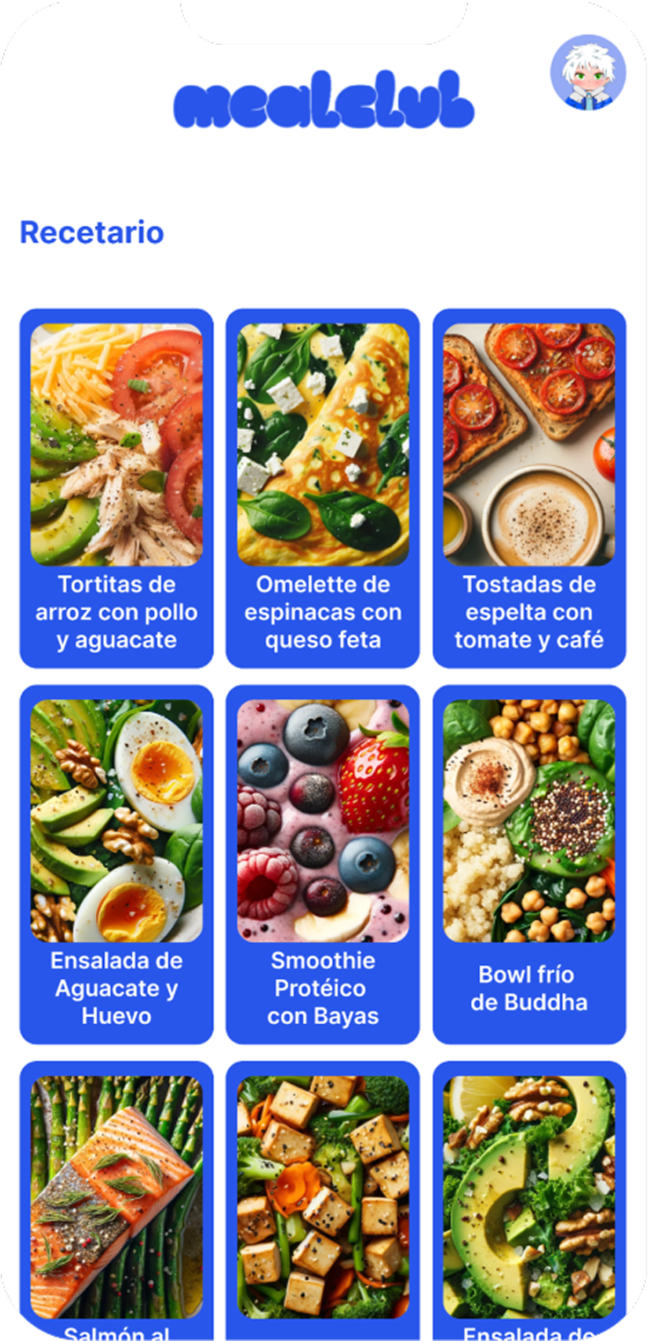 MealClub MVP screen with recipe details, nutrition information and guided food choices