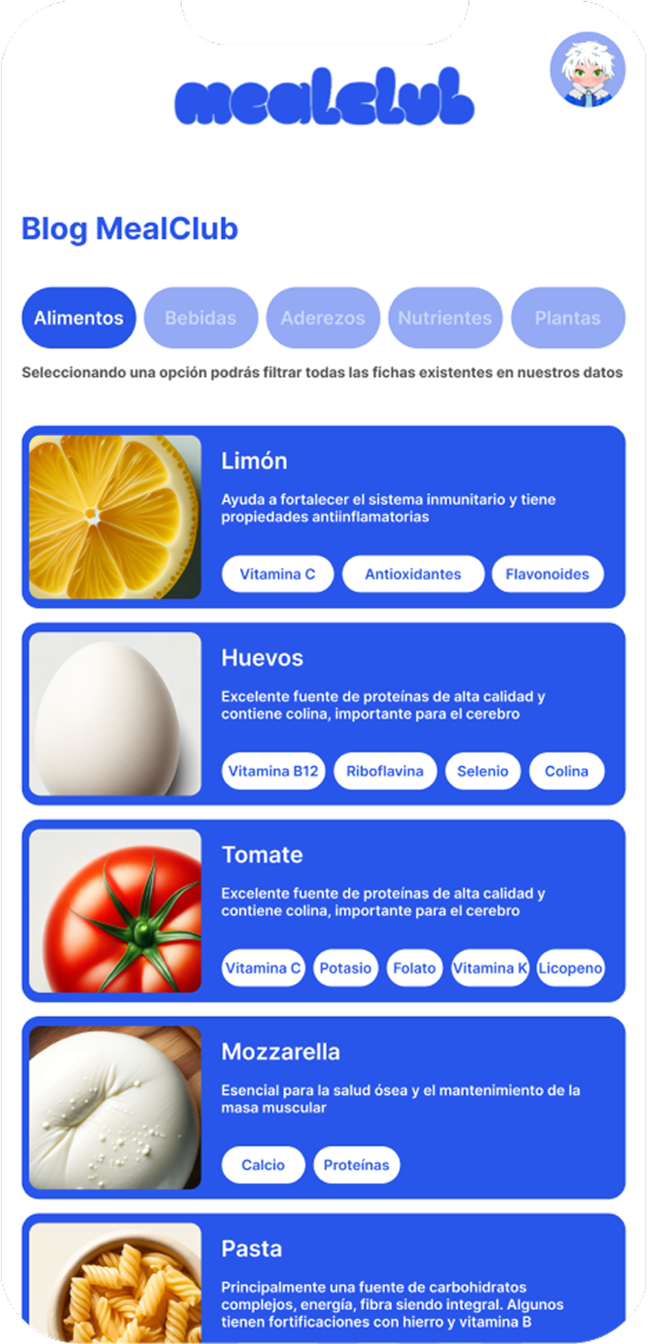 MealClub MVP screen with app navigation, food content modules and user guidance