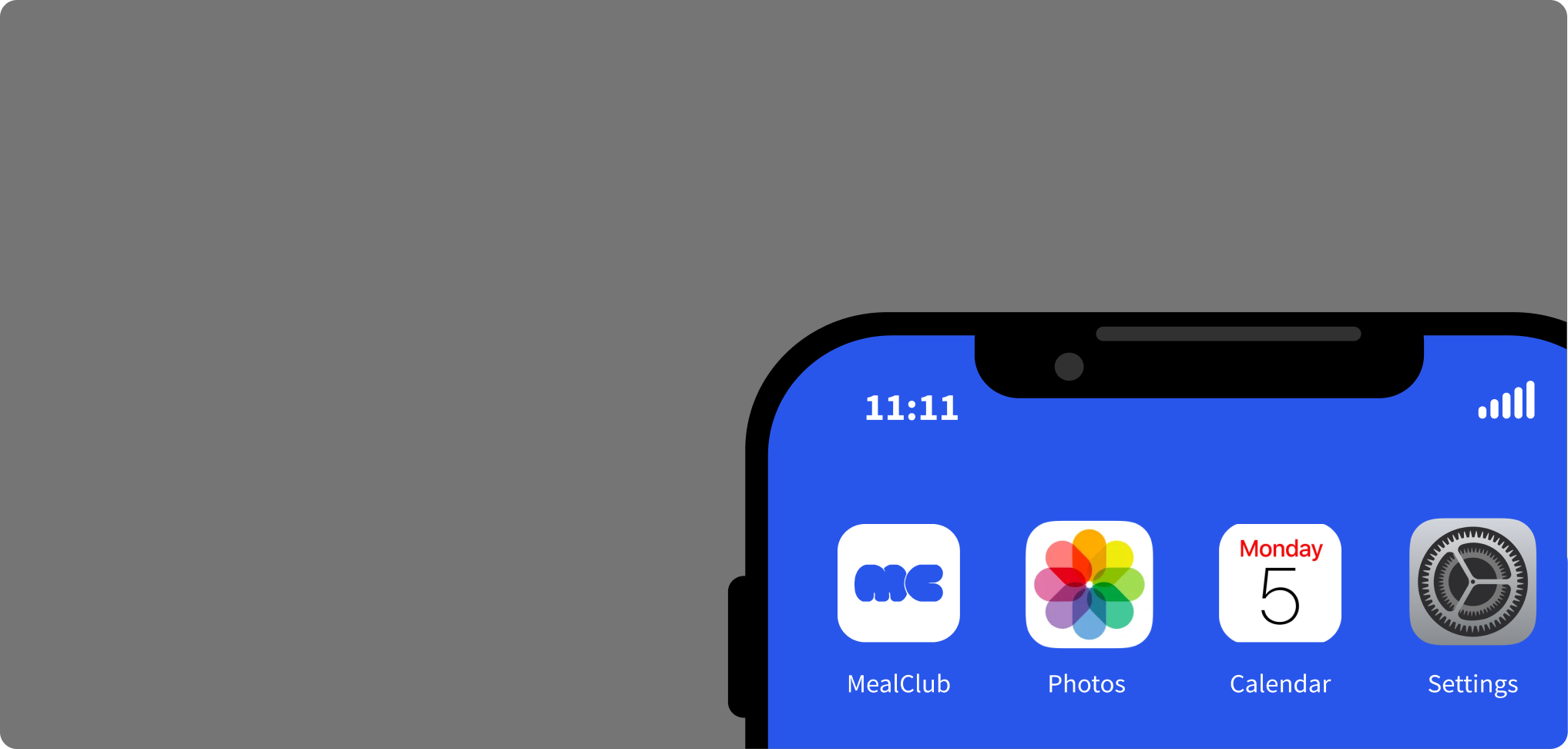 MealClub hero board with rounded blue app screens, food photography and the MC mascot