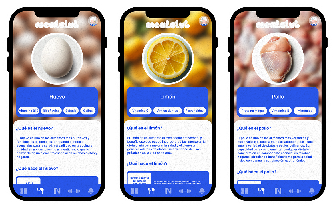 MealClub product board with recipe, planning and food learning screens in the blue app system