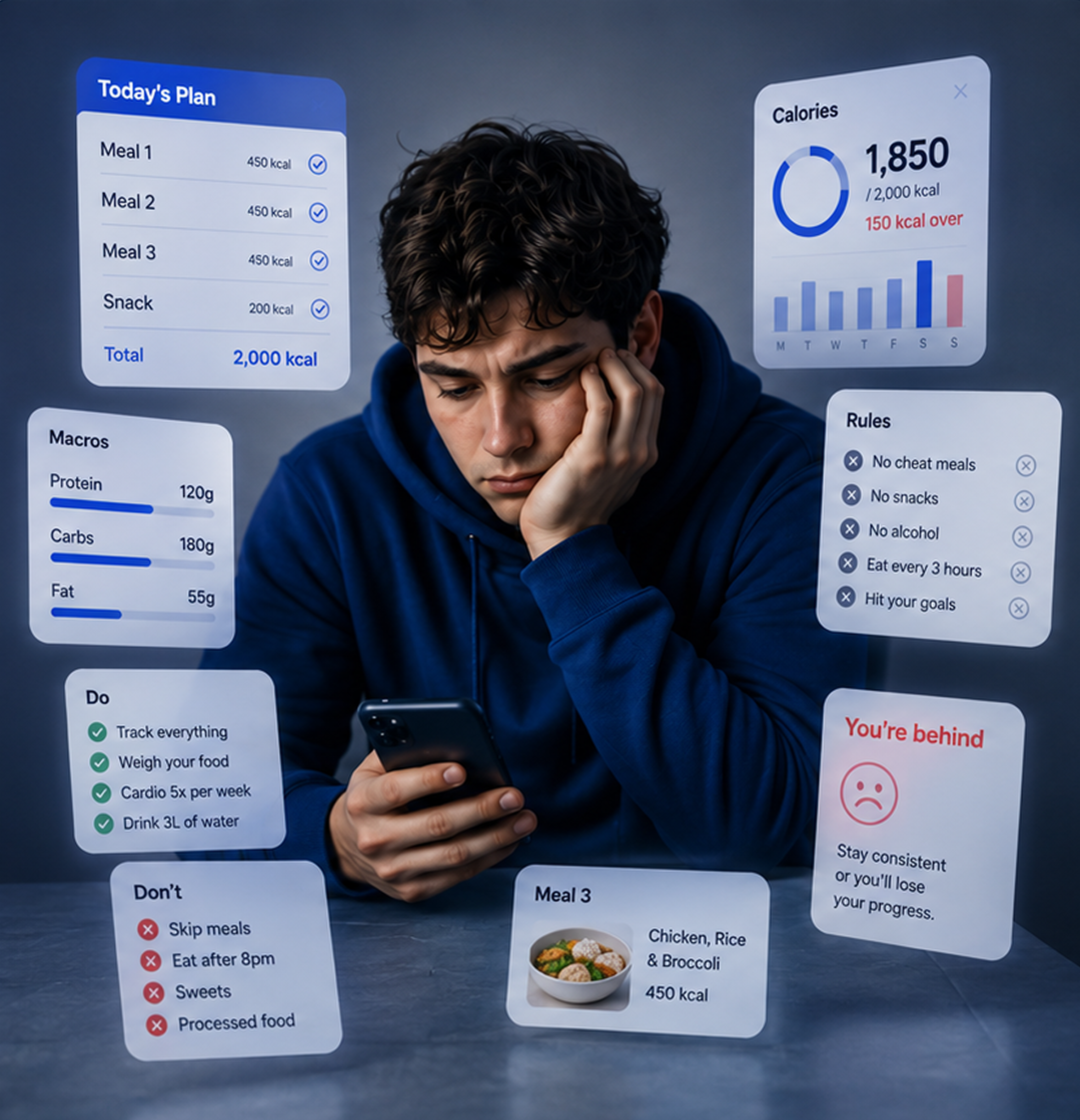 MealClub onboarding screen with a habit-building step in the blue nutrition app interface
