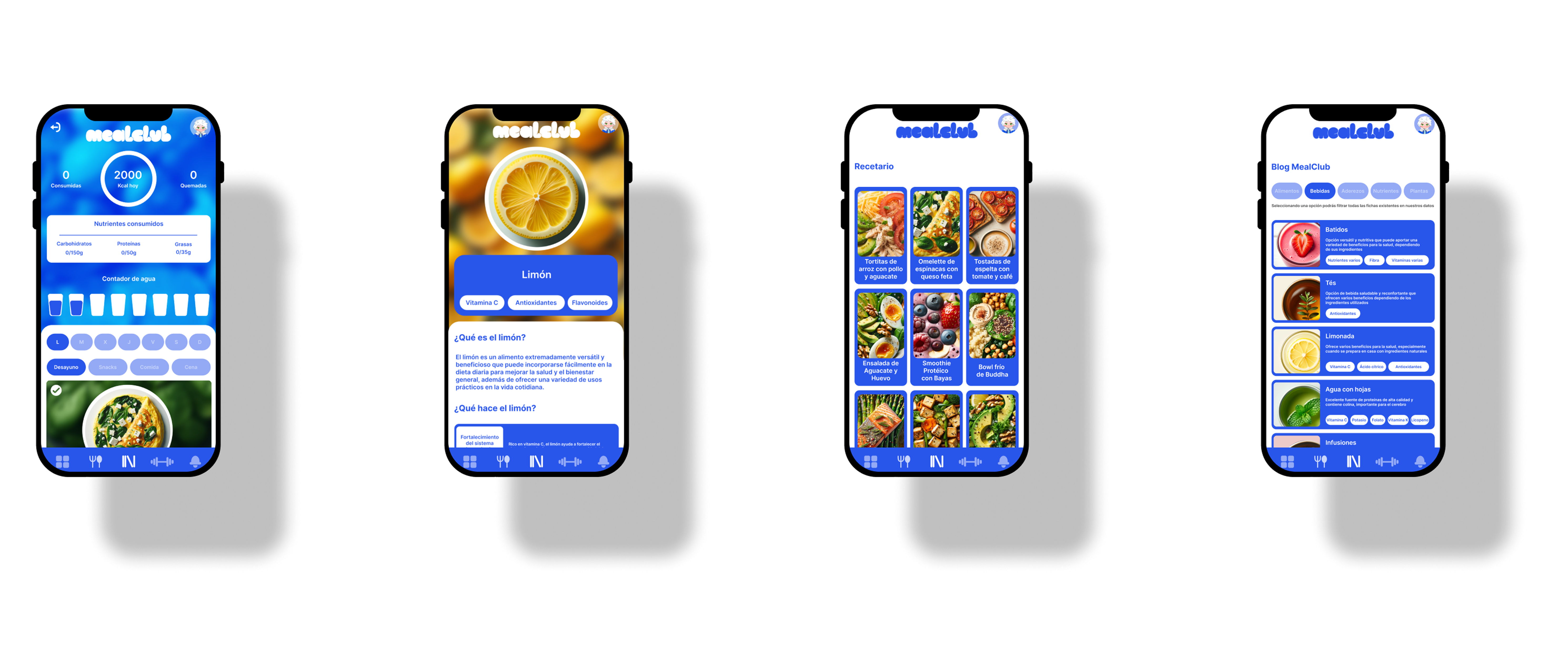 MealClub interface overview showing main mobile screens, navigation, food tracking and recipe modules