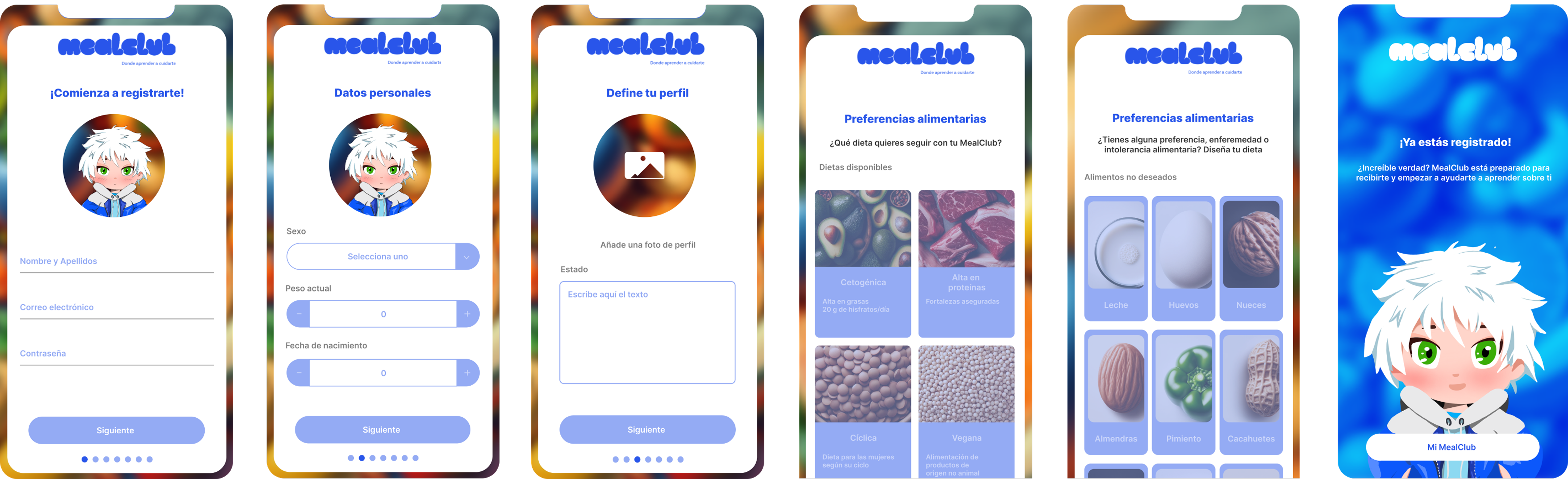 MealClub onboarding flow showing multiple steps for collecting user needs, preferences and habits